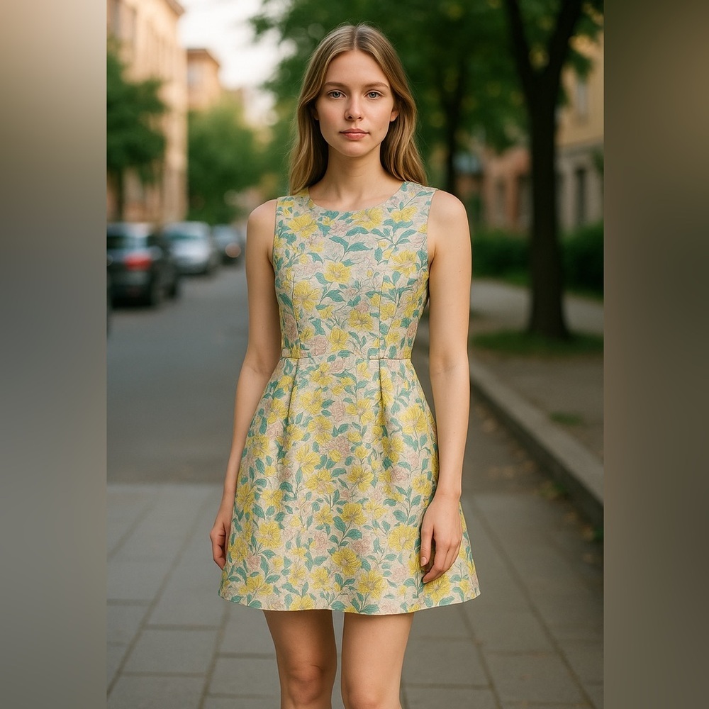 D&R, NWT Elegant Metallic Shimmer Floral‎ Dress in Yellow and Blue